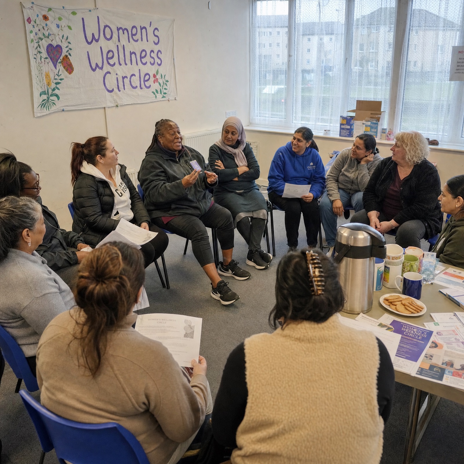 Women studying resources at a community event